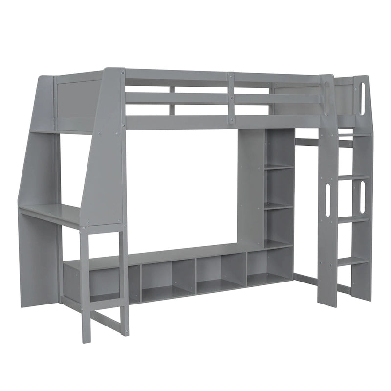 Lit mezzanine double multifonctionnel en bois avec bureau, étagères de rangement multiples, LED et portant à vêtements, pas besoin de sommier tapissier