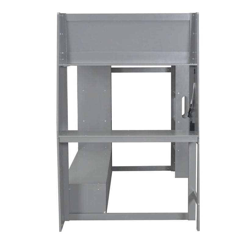 Lit mezzanine double multifonctionnel en bois avec bureau, étagères de rangement multiples, LED et portant à vêtements, pas besoin de sommier tapissier
