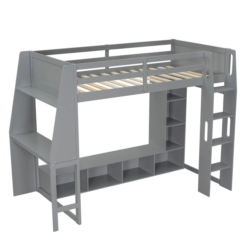 Lit mezzanine double multifonctionnel en bois avec bureau, étagères de rangement multiples, LED et portant à vêtements, pas besoin de sommier tapissier