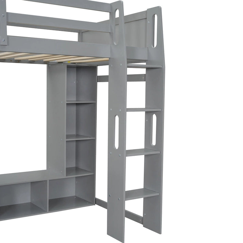 Lit mezzanine double multifonctionnel en bois avec bureau, étagères de rangement multiples, LED et portant à vêtements, pas besoin de sommier tapissier