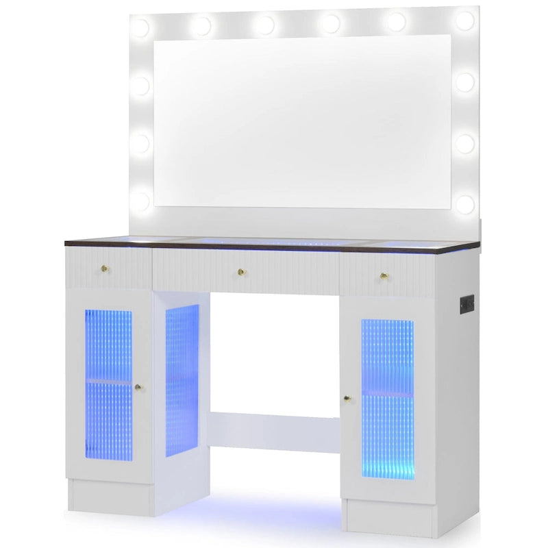 Coiffeuse de 110 cm avec grand miroir et ampoules de style hollywoodien