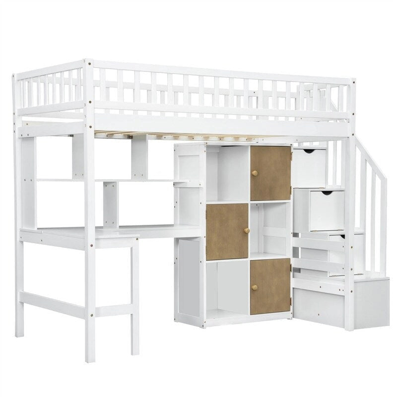 Lit mezzanine une place avec bureau intégré, éclairage LED et escalier de rangement, cadre de lit mezzanine en bois avec étagères et placards de rangement