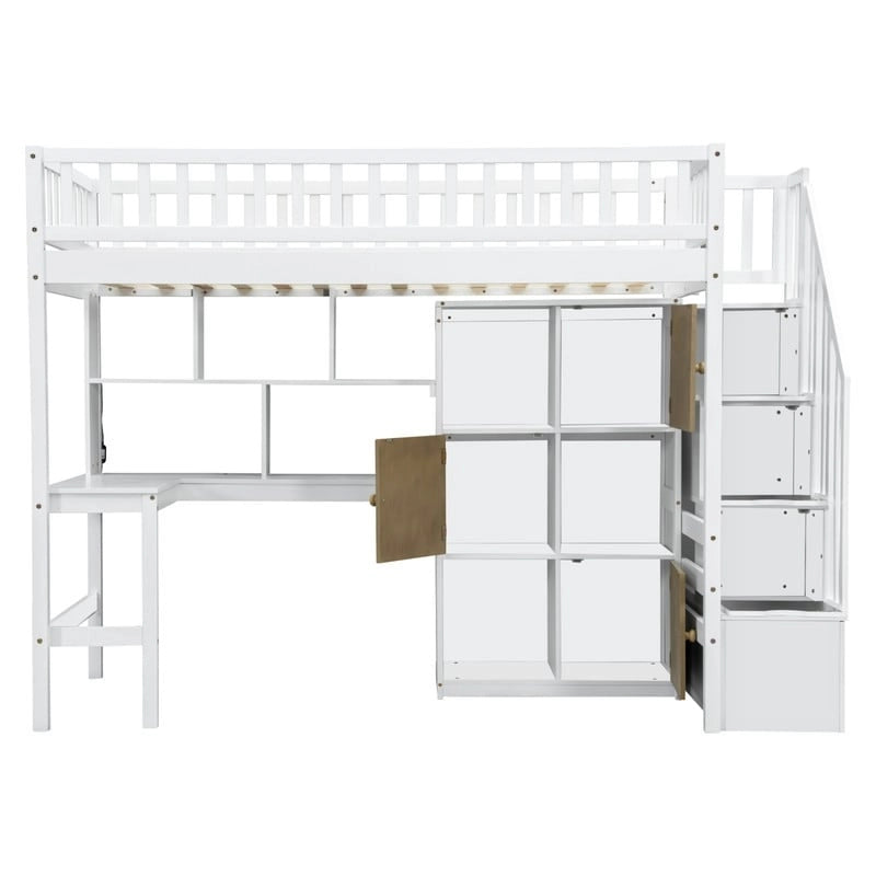 Lit mezzanine une place avec bureau intégré, éclairage LED et escalier de rangement, cadre de lit mezzanine en bois avec étagères et placards de rangement