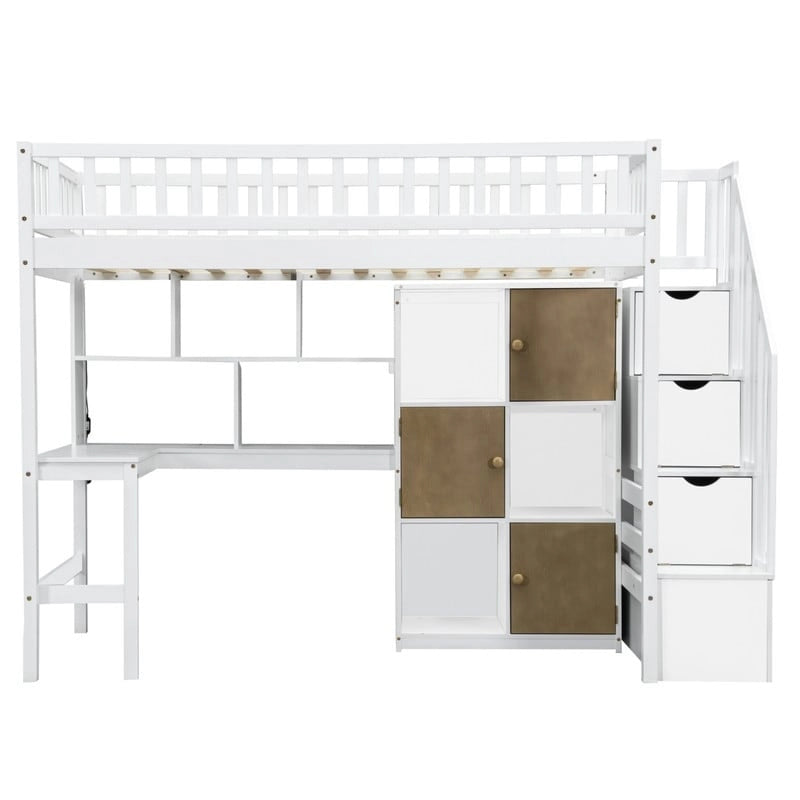 Lit mezzanine une place avec bureau intégré, éclairage LED et escalier de rangement, cadre de lit mezzanine en bois avec étagères et placards de rangement