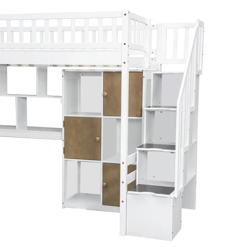 Lit mezzanine une place avec bureau intégré, éclairage LED et escalier de rangement, cadre de lit mezzanine en bois avec étagères et placards de rangement