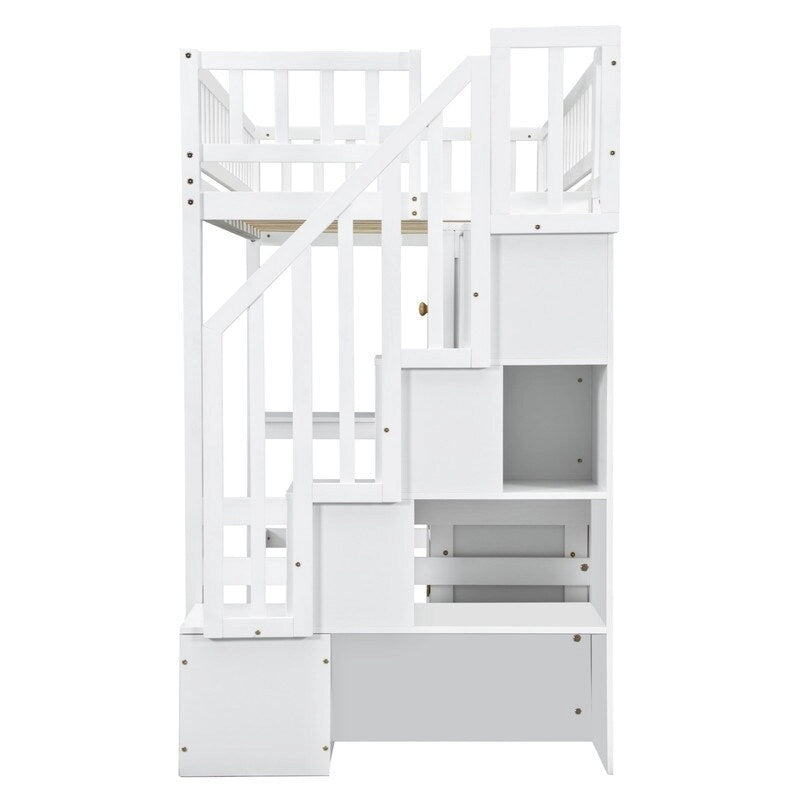 Lit mezzanine une place avec bureau intégré, éclairage LED et escalier de rangement, cadre de lit mezzanine en bois avec étagères et placards de rangement