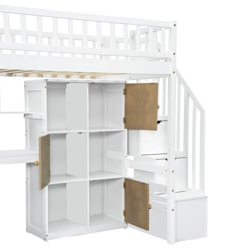 Lit mezzanine une place avec bureau intégré, éclairage LED et escalier de rangement, cadre de lit mezzanine en bois avec étagères et placards de rangement
