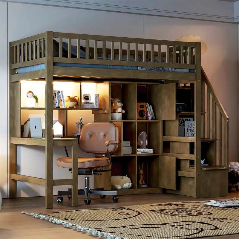 Lit mezzanine une place avec bureau intégré, éclairage LED et escalier de rangement, cadre de lit mezzanine en bois avec étagères et placards de rangement