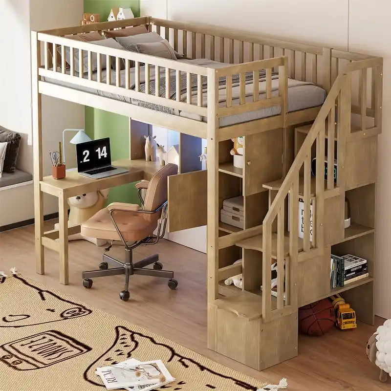 Lit mezzanine une place avec bureau intégré, éclairage LED et escalier de rangement, cadre de lit mezzanine en bois avec étagères et placards de rangement