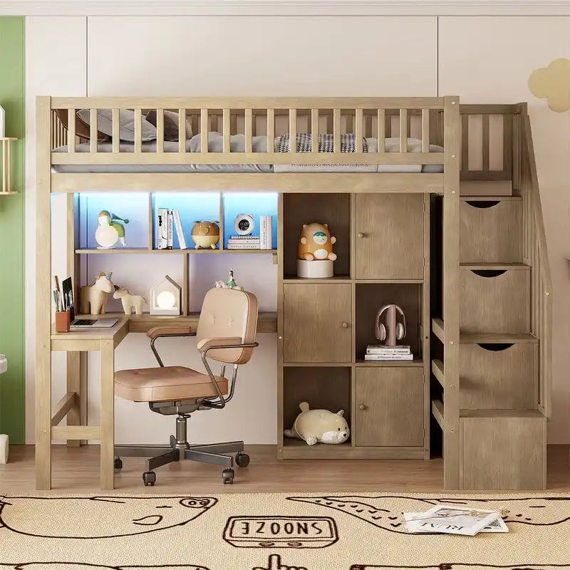 Lit mezzanine une place avec bureau intégré, éclairage LED et escalier de rangement, cadre de lit mezzanine en bois avec étagères et placards de rangement