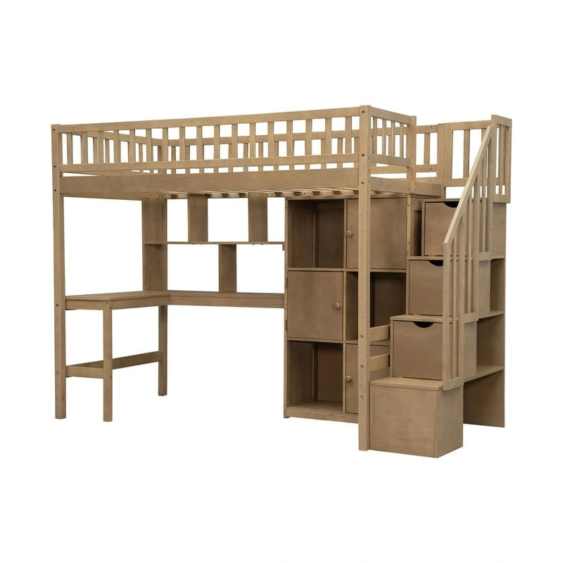Lit mezzanine une place avec bureau intégré, éclairage LED et escalier de rangement, cadre de lit mezzanine en bois avec étagères et placards de rangement