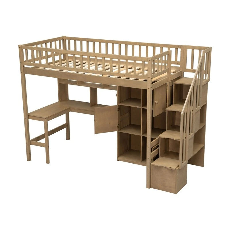 Lit mezzanine une place avec bureau intégré, éclairage LED et escalier de rangement, cadre de lit mezzanine en bois avec étagères et placards de rangement