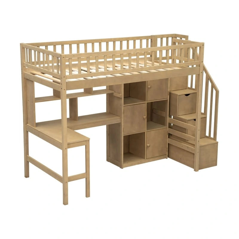 Lit mezzanine une place avec bureau intégré, éclairage LED et escalier de rangement, cadre de lit mezzanine en bois avec étagères et placards de rangement