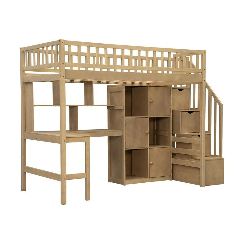 Lit mezzanine une place avec bureau intégré, éclairage LED et escalier de rangement, cadre de lit mezzanine en bois avec étagères et placards de rangement