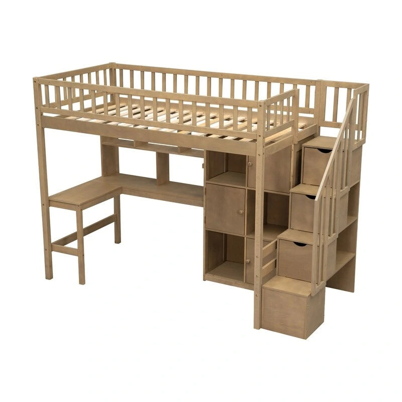 Lit mezzanine une place avec bureau intégré, éclairage LED et escalier de rangement, cadre de lit mezzanine en bois avec étagères et placards de rangement