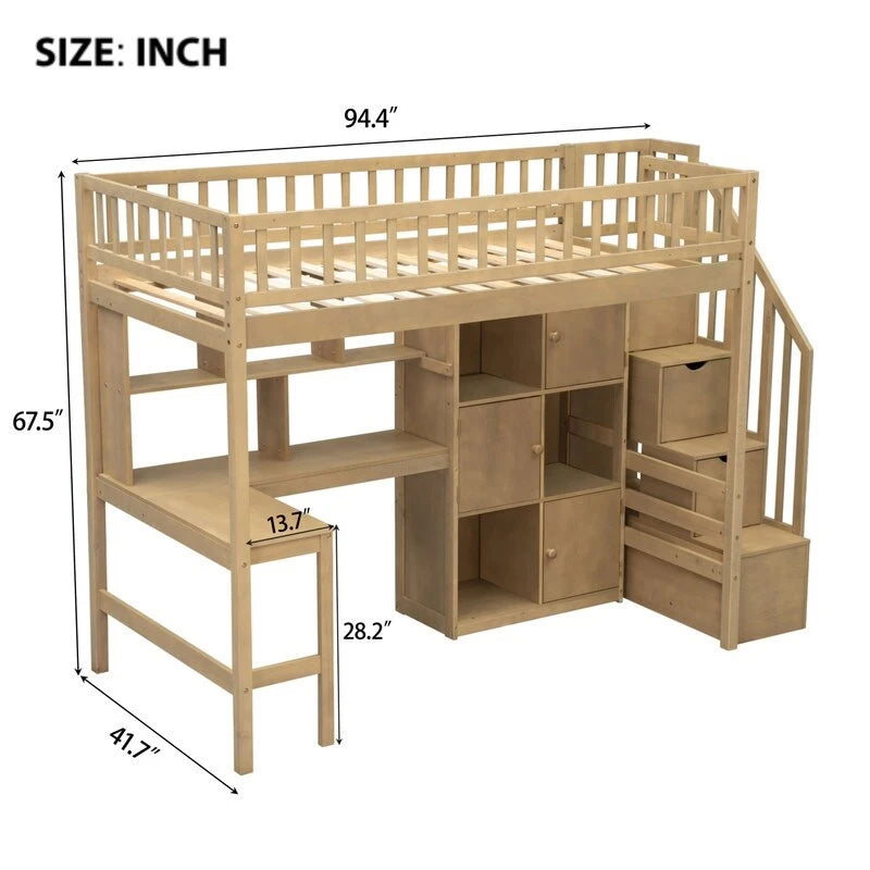 Lit mezzanine une place avec bureau intégré, éclairage LED et escalier de rangement, cadre de lit mezzanine en bois avec étagères et placards de rangement