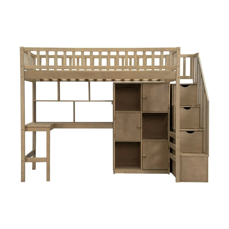 Lit mezzanine une place avec bureau intégré, éclairage LED et escalier de rangement, cadre de lit mezzanine en bois avec étagères et placards de rangement