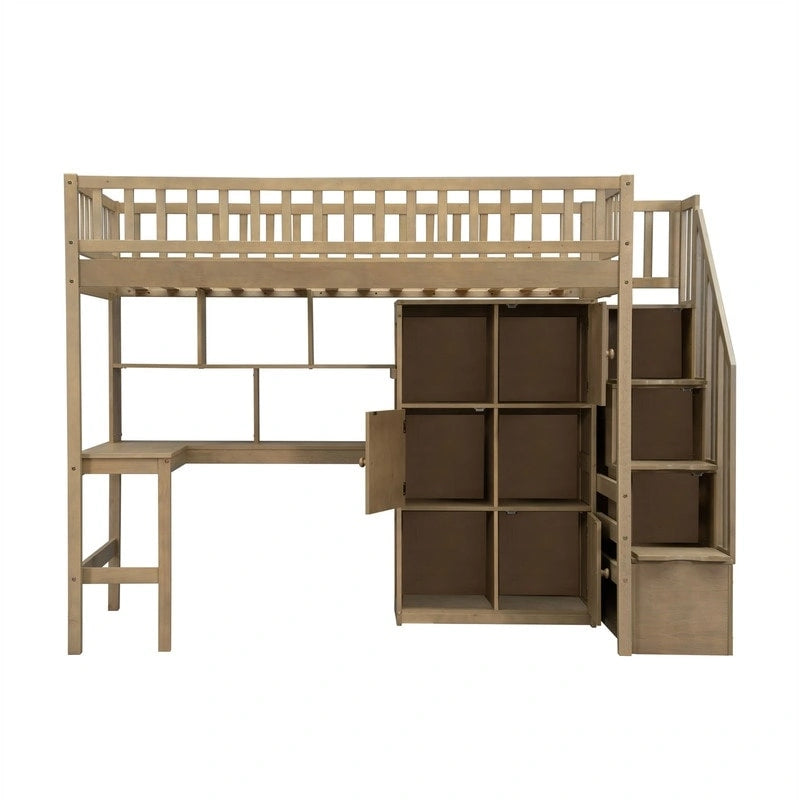 Lit mezzanine une place avec bureau intégré, éclairage LED et escalier de rangement, cadre de lit mezzanine en bois avec étagères et placards de rangement