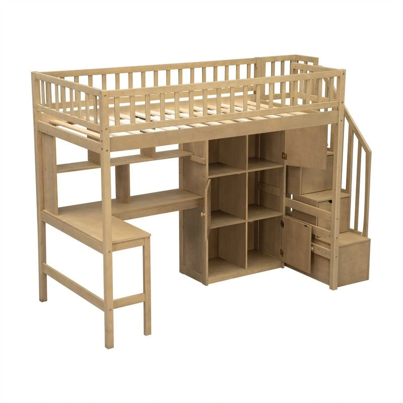 Lit mezzanine une place avec bureau intégré, éclairage LED et escalier de rangement, cadre de lit mezzanine en bois avec étagères et placards de rangement