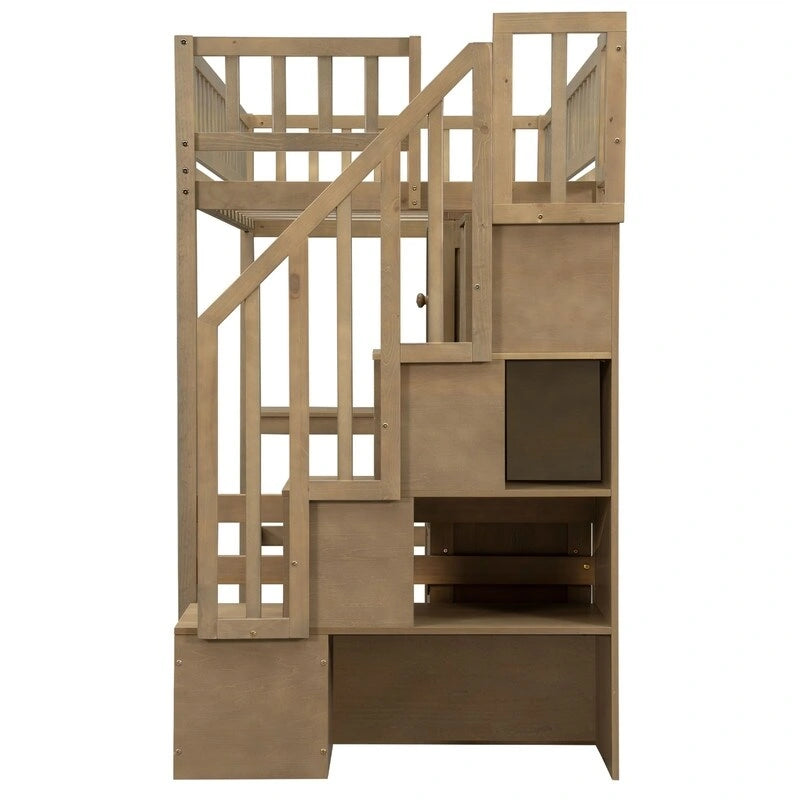 Lit mezzanine une place avec bureau intégré, éclairage LED et escalier de rangement, cadre de lit mezzanine en bois avec étagères et placards de rangement