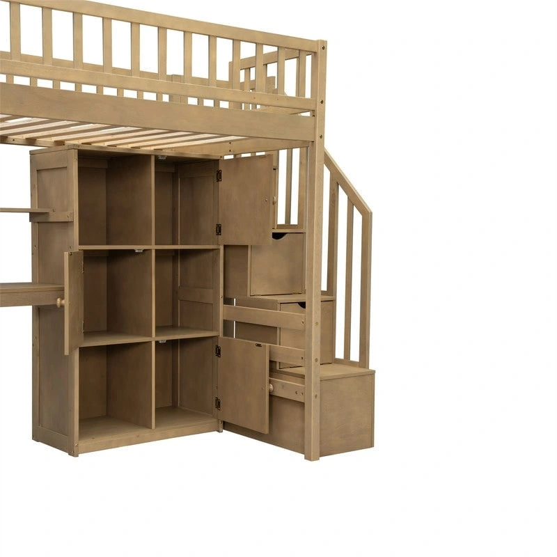 Lit mezzanine une place avec bureau intégré, éclairage LED et escalier de rangement, cadre de lit mezzanine en bois avec étagères et placards de rangement