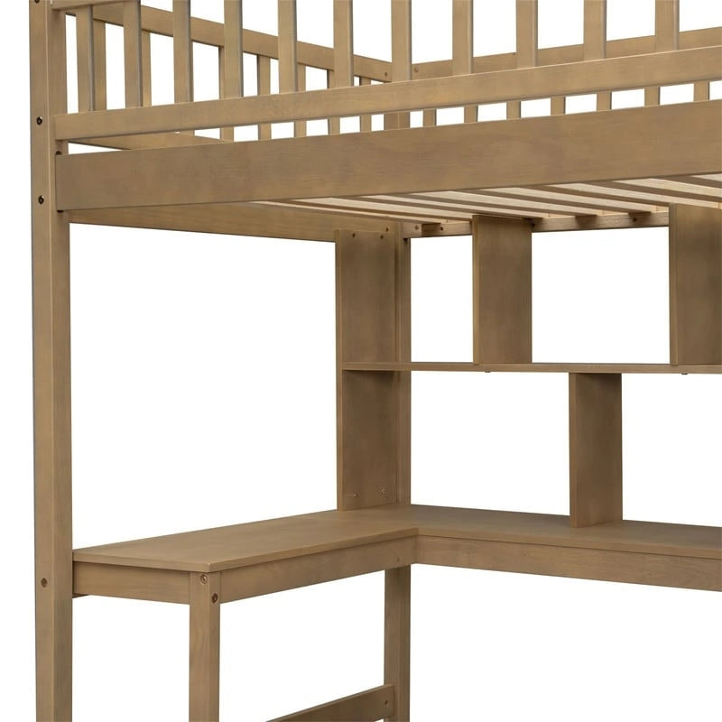 Lit mezzanine une place avec bureau intégré, éclairage LED et escalier de rangement, cadre de lit mezzanine en bois avec étagères et placards de rangement