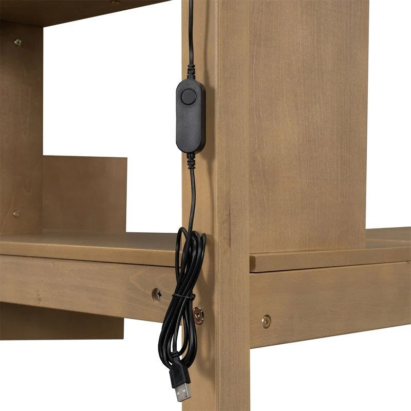 Lit mezzanine une place avec bureau intégré, éclairage LED et escalier de rangement, cadre de lit mezzanine en bois avec étagères et placards de rangement