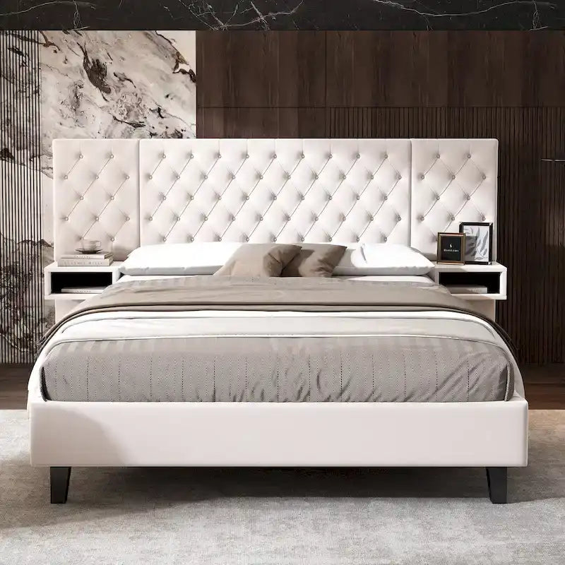 Lit plateforme bas, Lit moderne tapissé en velours, Lit à tête de lit capitonnée en losanges avec 2 tables de chevet, Lit de rangement