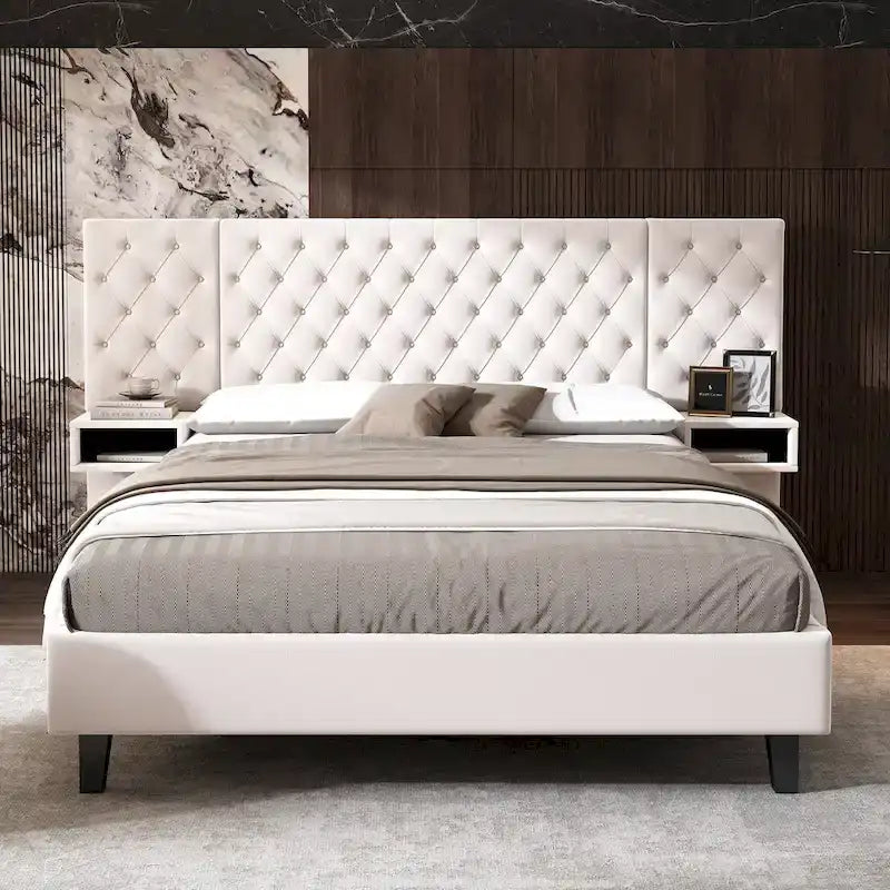 Low-Profile Platform Bed, Modern Velvet Upholstered Bed, Diamond Tufted Headboard Wingback Bed with 2 Nightstands Storage Bed
