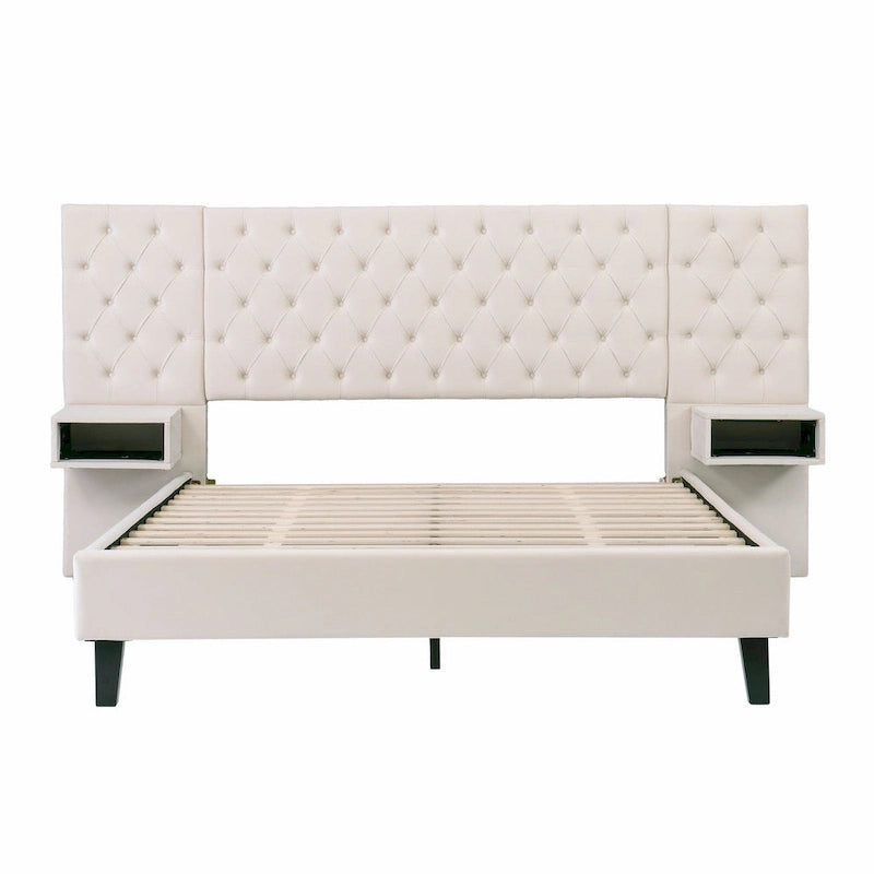 Lit plateforme bas, Lit moderne tapissé en velours, Lit à tête de lit capitonnée en losanges avec 2 tables de chevet, Lit de rangement