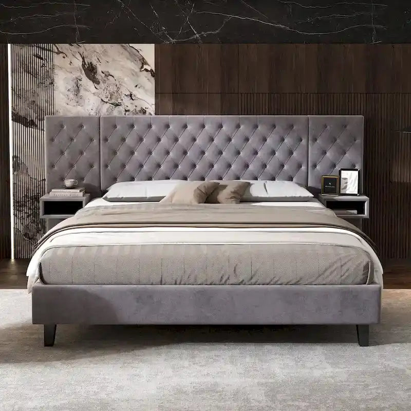 Lit plateforme bas, Lit moderne tapissé en velours, Lit à tête de lit capitonnée en losanges avec 2 tables de chevet, Lit de rangement