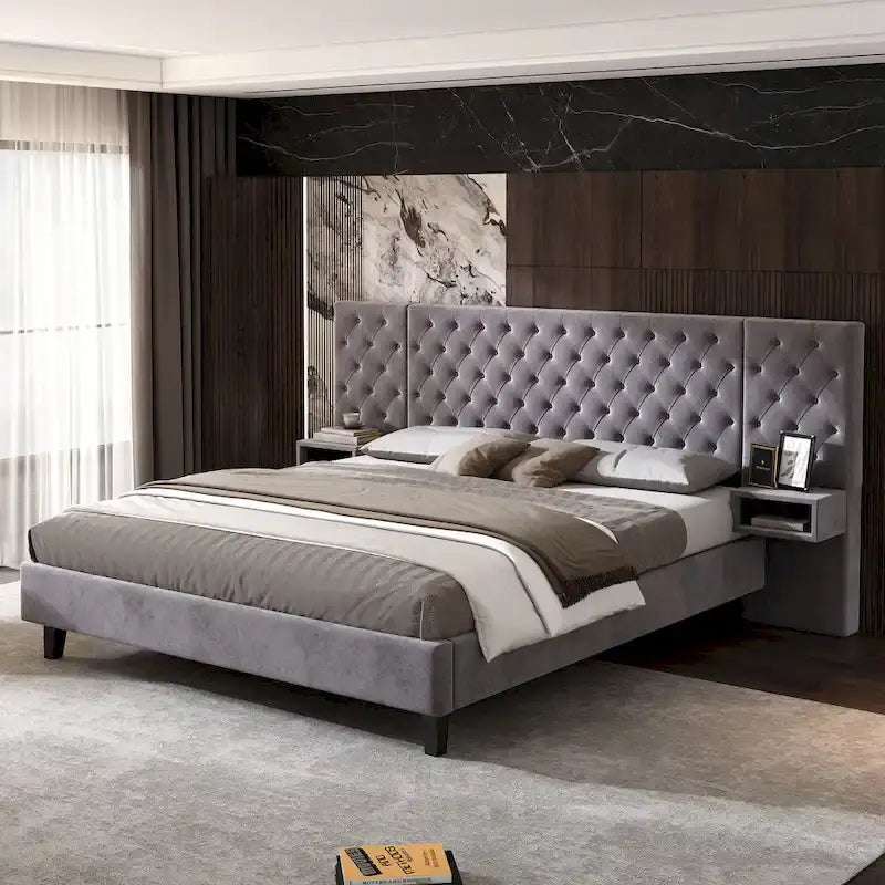 Lit plateforme bas, Lit moderne tapissé en velours, Lit à tête de lit capitonnée en losanges avec 2 tables de chevet, Lit de rangement
