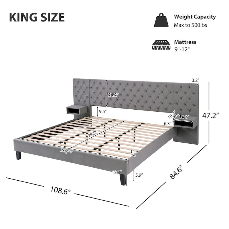 Lit plateforme bas, Lit moderne tapissé en velours, Lit à tête de lit capitonnée en losanges avec 2 tables de chevet, Lit de rangement