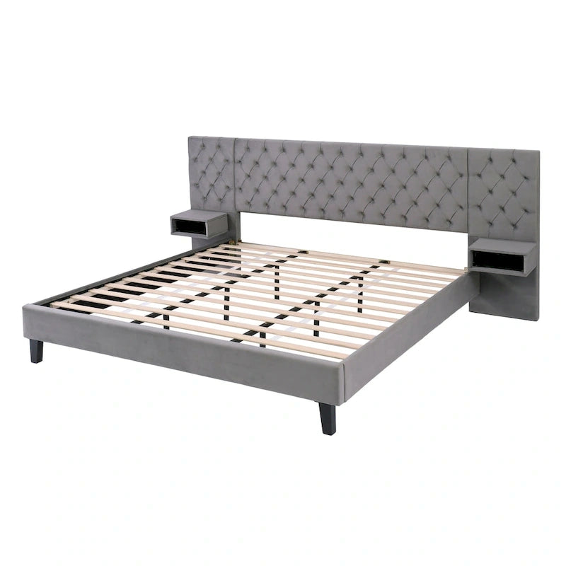 Lit plateforme bas, Lit moderne tapissé en velours, Lit à tête de lit capitonnée en losanges avec 2 tables de chevet, Lit de rangement