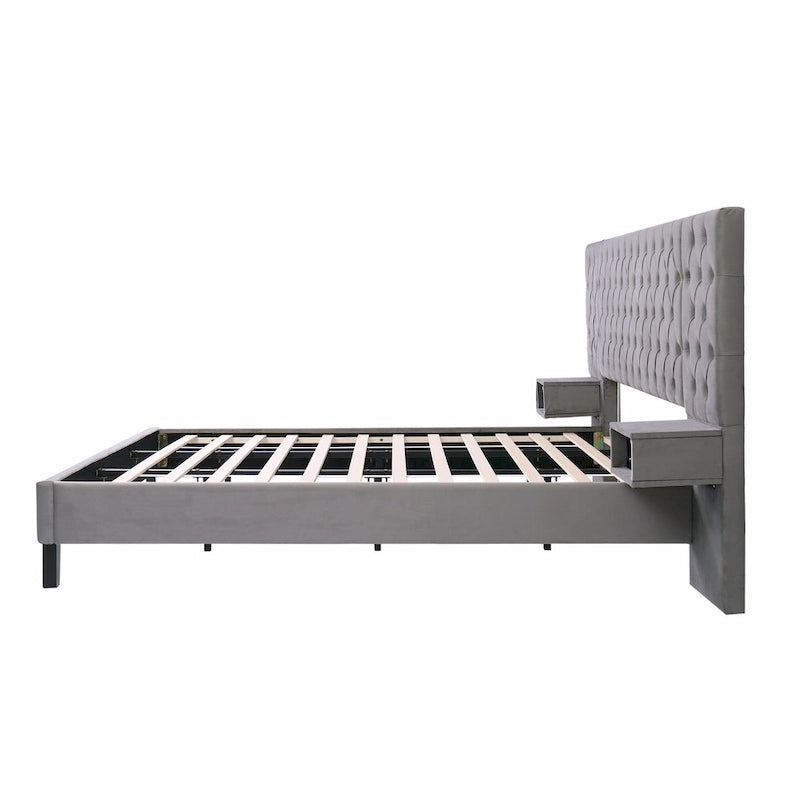 Lit plateforme bas, Lit moderne tapissé en velours, Lit à tête de lit capitonnée en losanges avec 2 tables de chevet, Lit de rangement