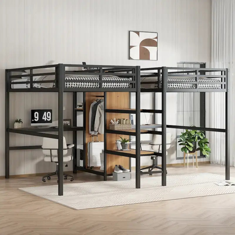 Lit mezzanine en métal avec double bureau, armoire, étagères et prise électrique pour un gain de place