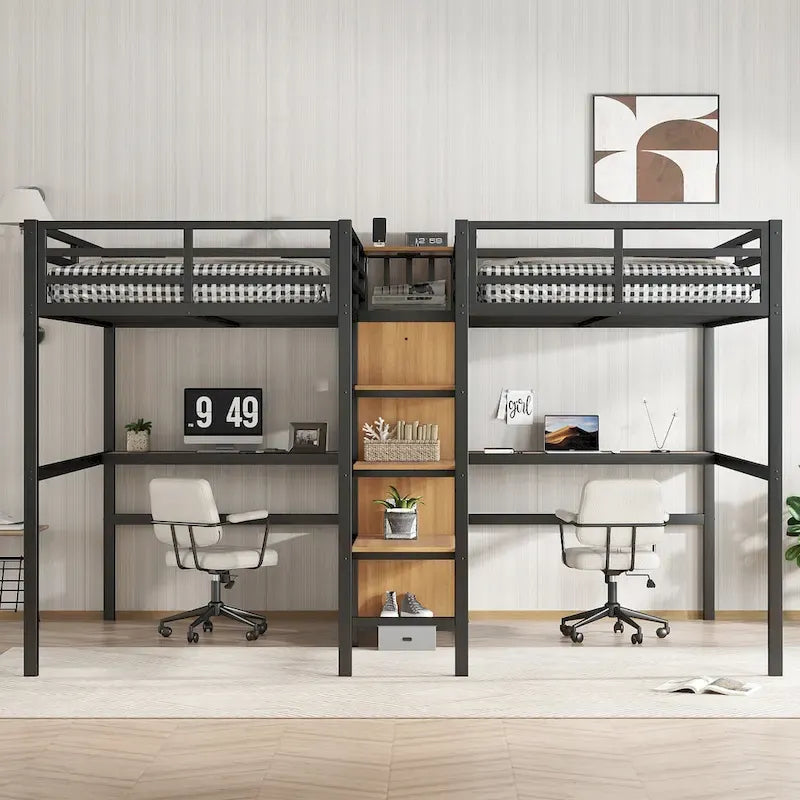 Lit mezzanine en métal avec double bureau, armoire, étagères et prise électrique pour un gain de place