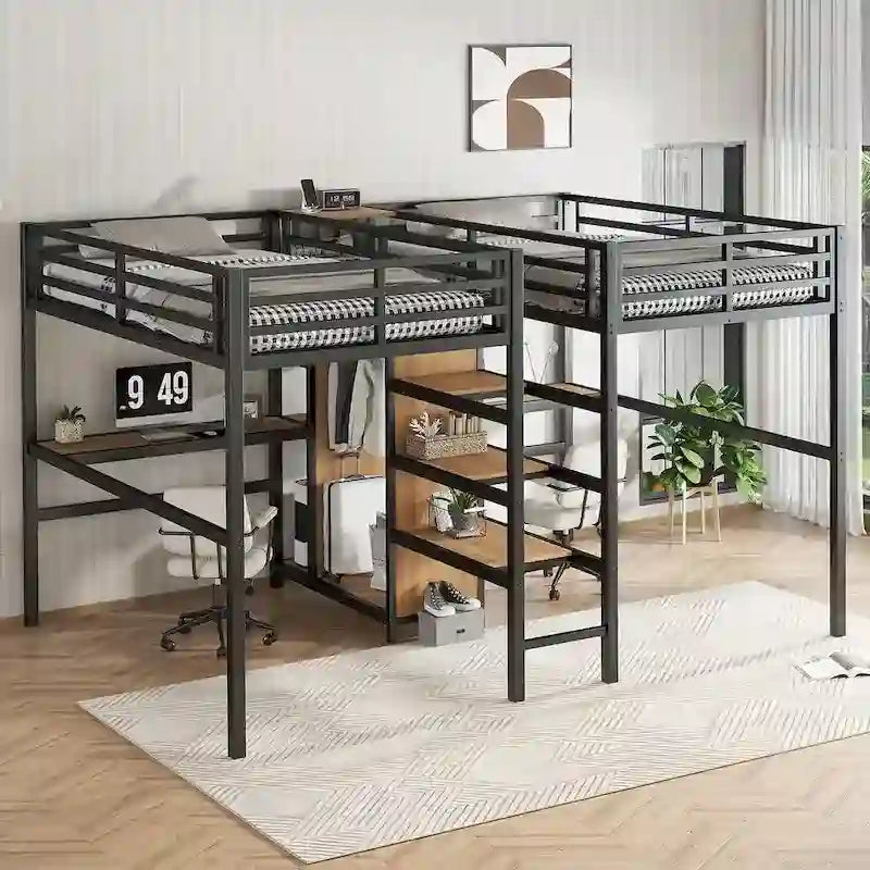 Lit mezzanine en métal avec double bureau, armoire, étagères et prise électrique pour un gain de place
