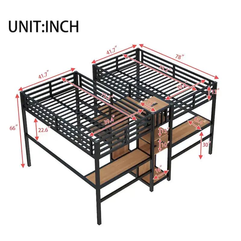 Lit mezzanine en métal avec double bureau, armoire, étagères et prise électrique pour un gain de place