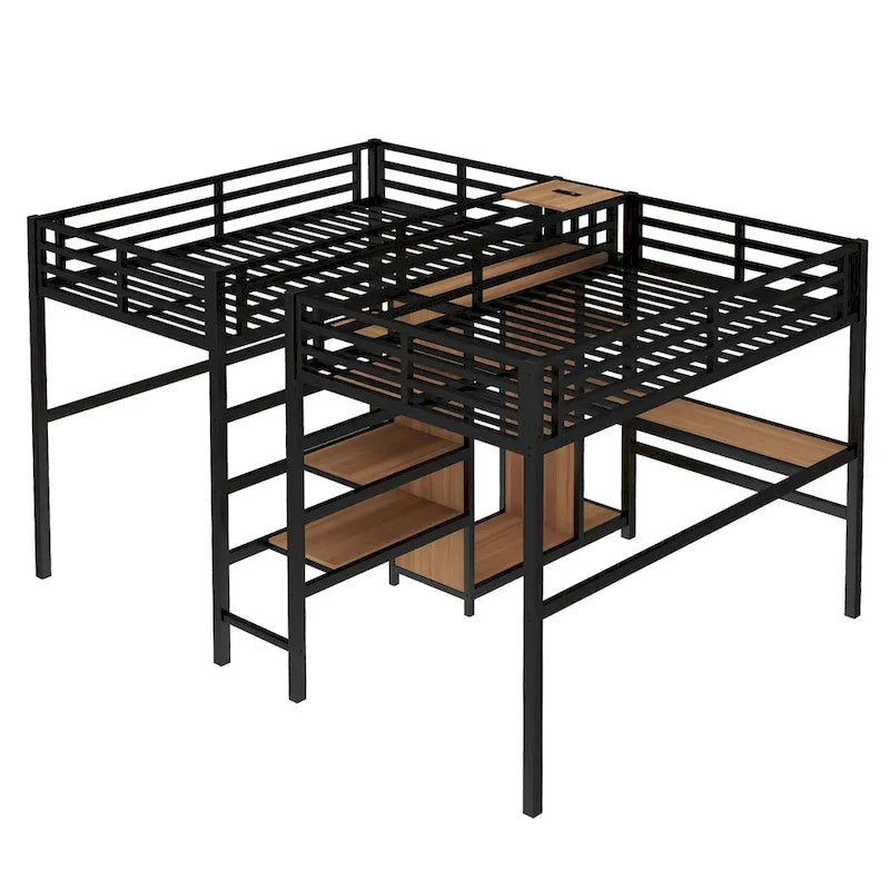 Lit mezzanine en métal avec double bureau, armoire, étagères et prise électrique pour un gain de place
