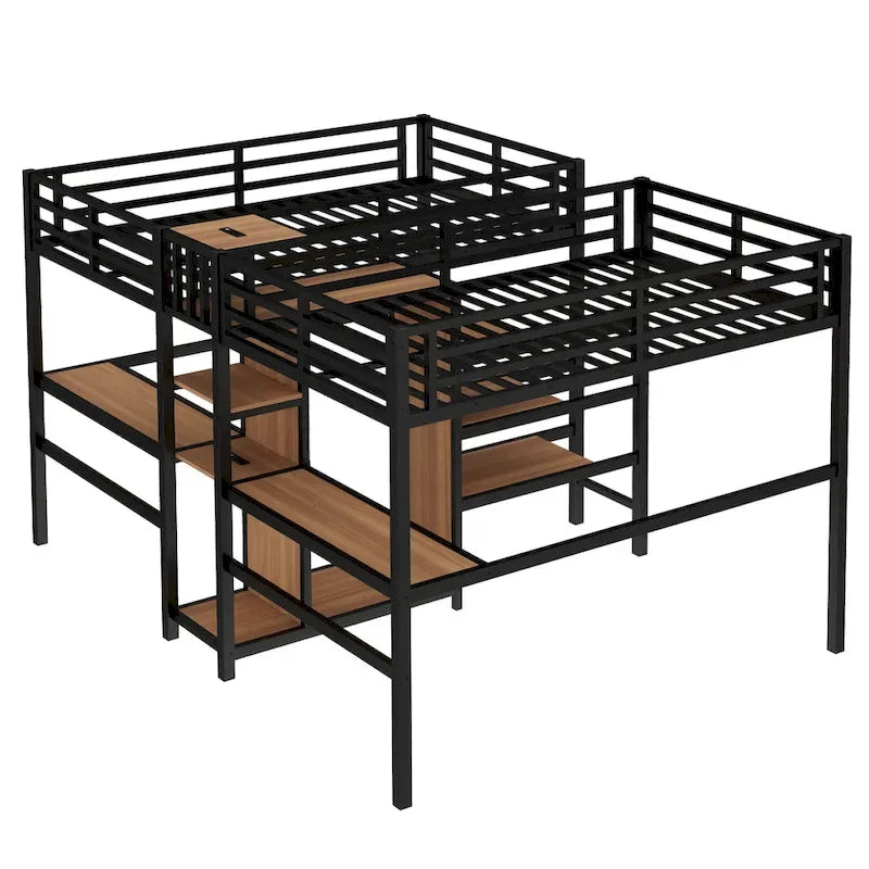 Lit mezzanine en métal avec double bureau, armoire, étagères et prise électrique pour un gain de place