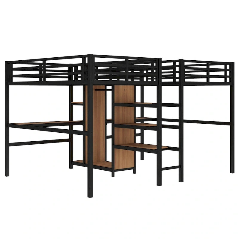 Lit mezzanine en métal avec double bureau, armoire, étagères et prise électrique pour un gain de place