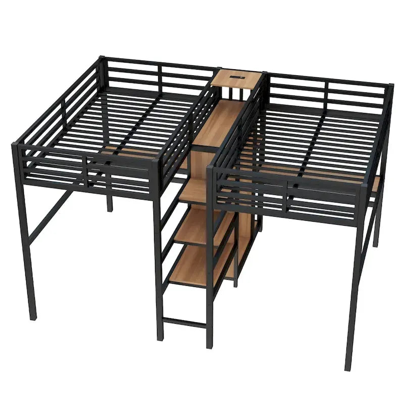 Lit mezzanine en métal avec double bureau, armoire, étagères et prise électrique pour un gain de place