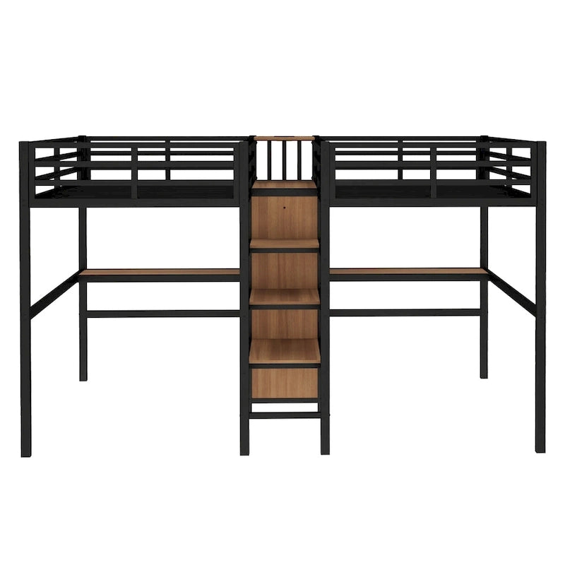 Lit mezzanine en métal avec double bureau, armoire, étagères et prise électrique pour un gain de place