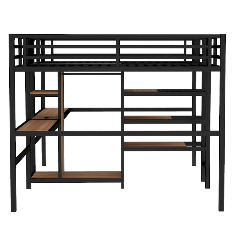Lit mezzanine en métal avec double bureau, armoire, étagères et prise électrique pour un gain de place