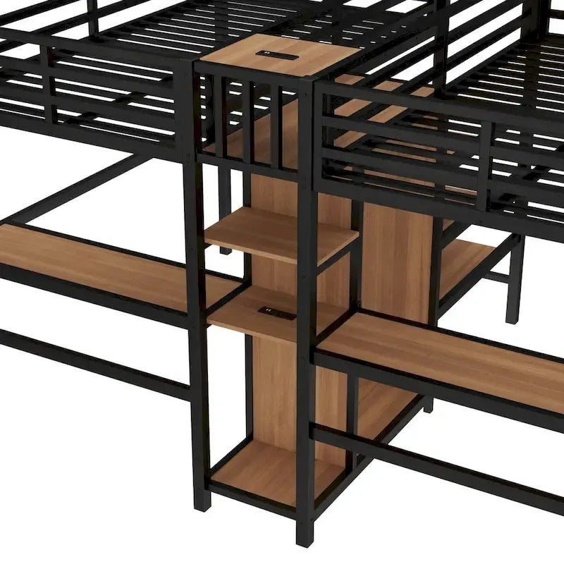 Lit mezzanine en métal avec double bureau, armoire, étagères et prise électrique pour un gain de place
