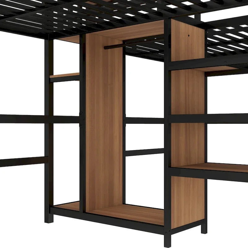 Lit mezzanine en métal avec double bureau, armoire, étagères et prise électrique pour un gain de place