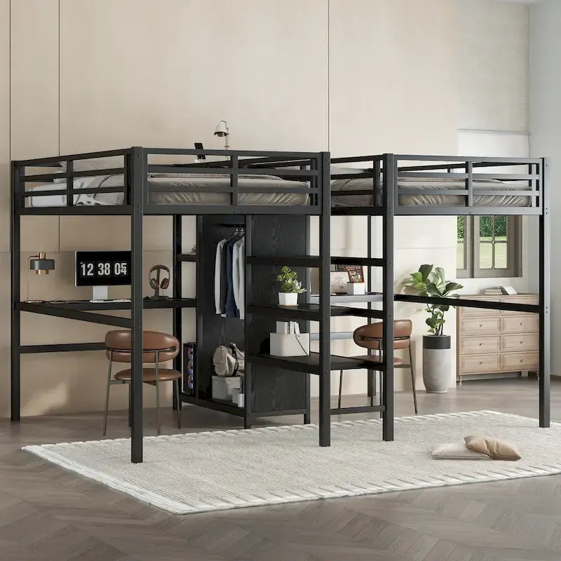 Lit mezzanine en métal avec double bureau, armoire, étagères et prise électrique pour un gain de place