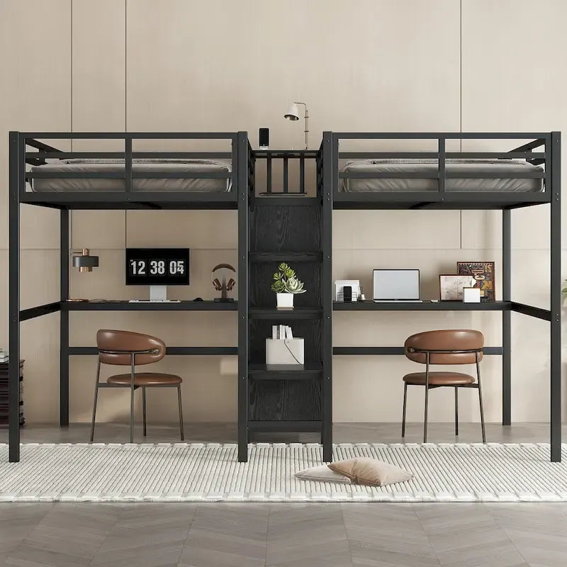 Lit mezzanine en métal avec double bureau, armoire, étagères et prise électrique pour un gain de place