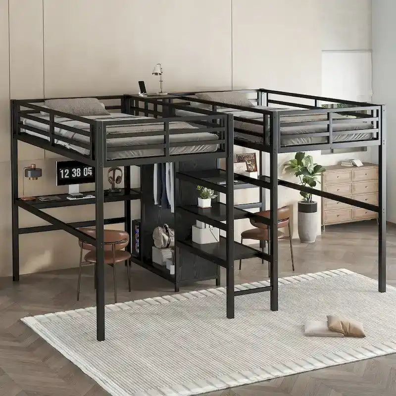 Lit mezzanine en métal avec double bureau, armoire, étagères et prise électrique pour un gain de place